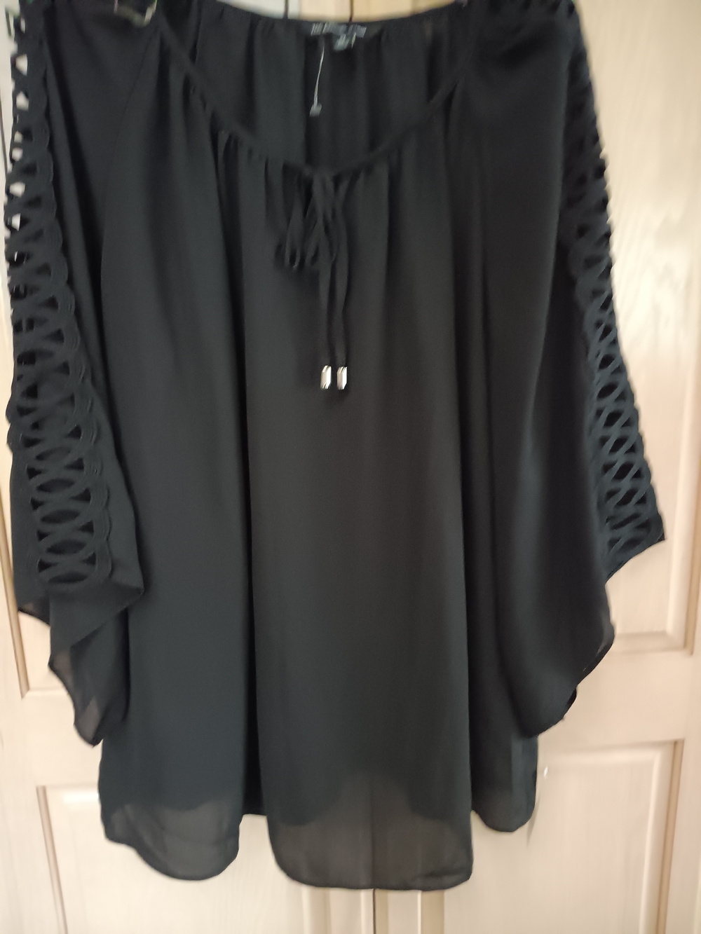 Zac & Rachel Black Cold-Shoulder Tunic with Lattice Sleeve Detail